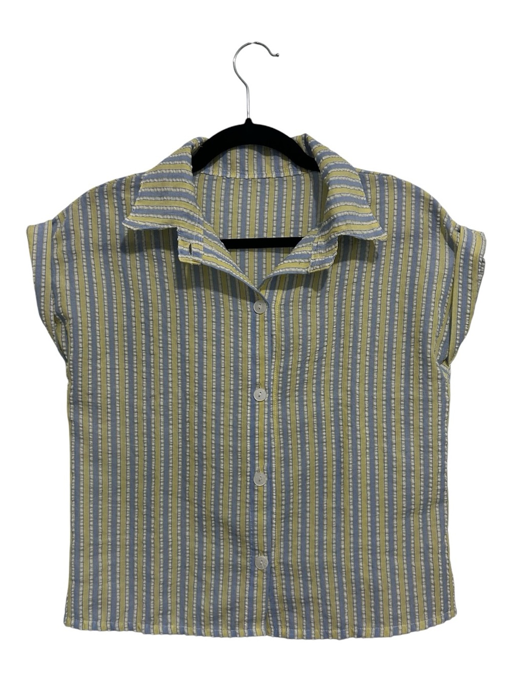 Striped Button Front Camp Collar Top in Yellow & Blue